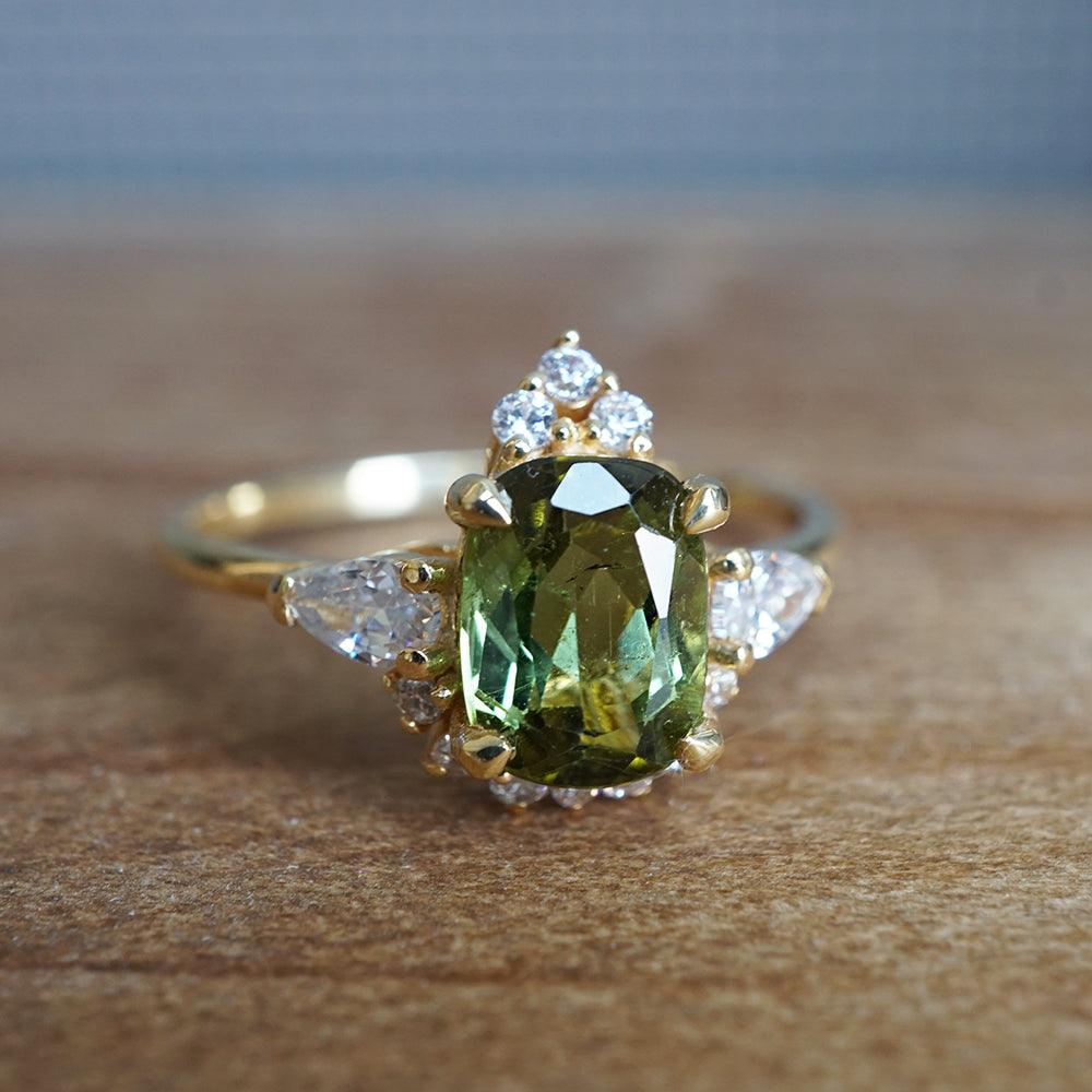 One Of A Kind: Dreamy Bi-Color Green Tourmaline Diamond Ring in 14K and 18K Gold - Tippy Taste Jewelry