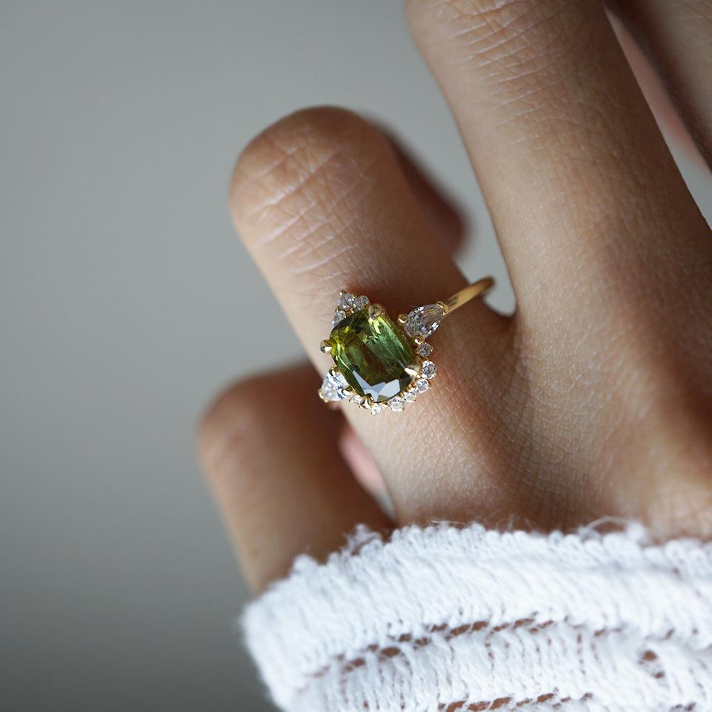 One Of A Kind: Dreamy Bi-Color Green Tourmaline Diamond Ring in 14K and 18K Gold - Tippy Taste Jewelry