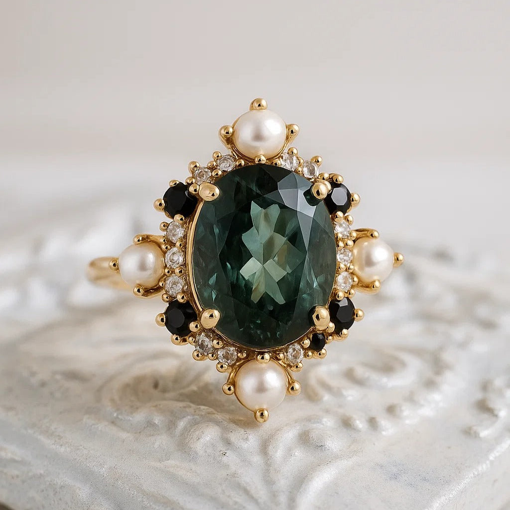 14K Gold Green Tourmaline Elsa Ring – Green Tourmaline with Black