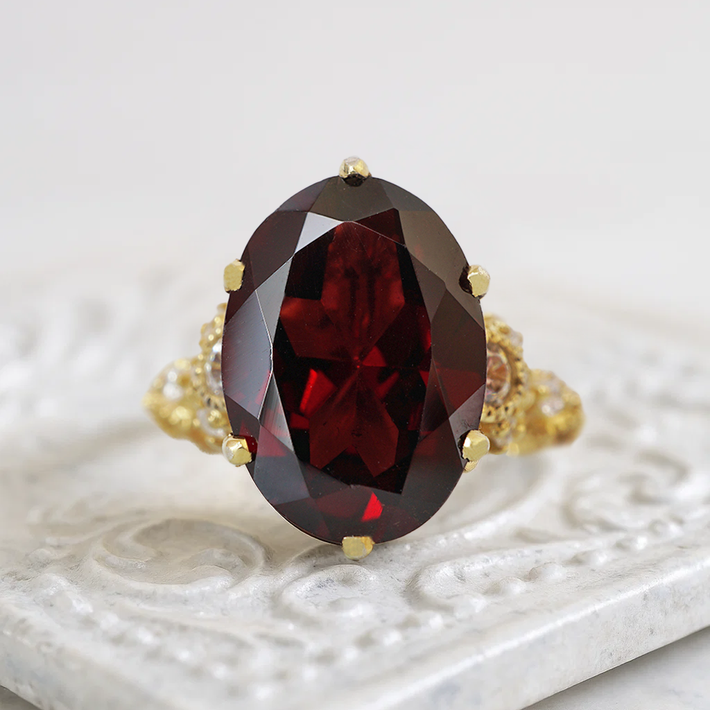 Oval Garnet Queen Victoria Diamond Ring in 14K and 18K Gold