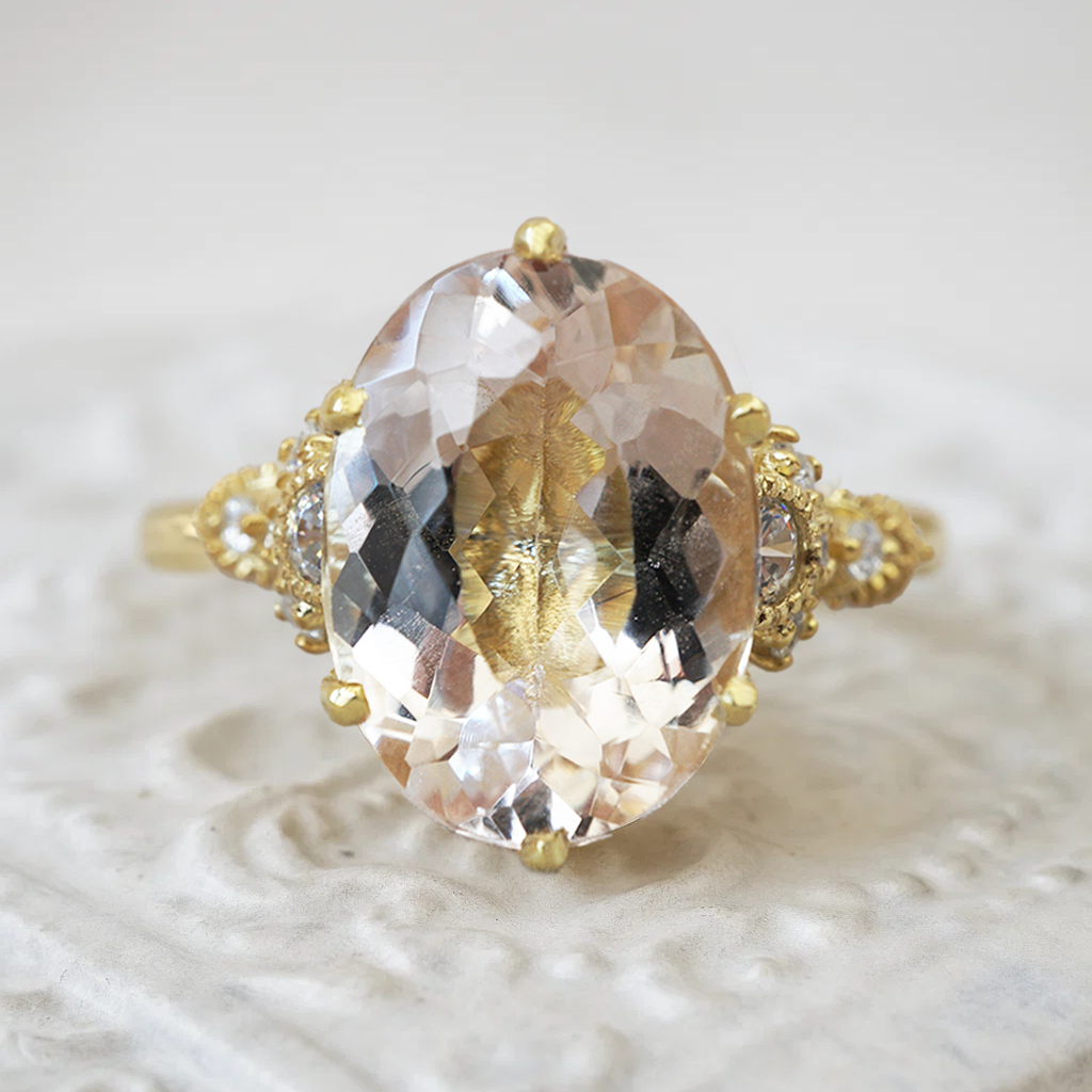 Oval Morganite Queen Victoria Diamond Ring in 14K and 18K Gold