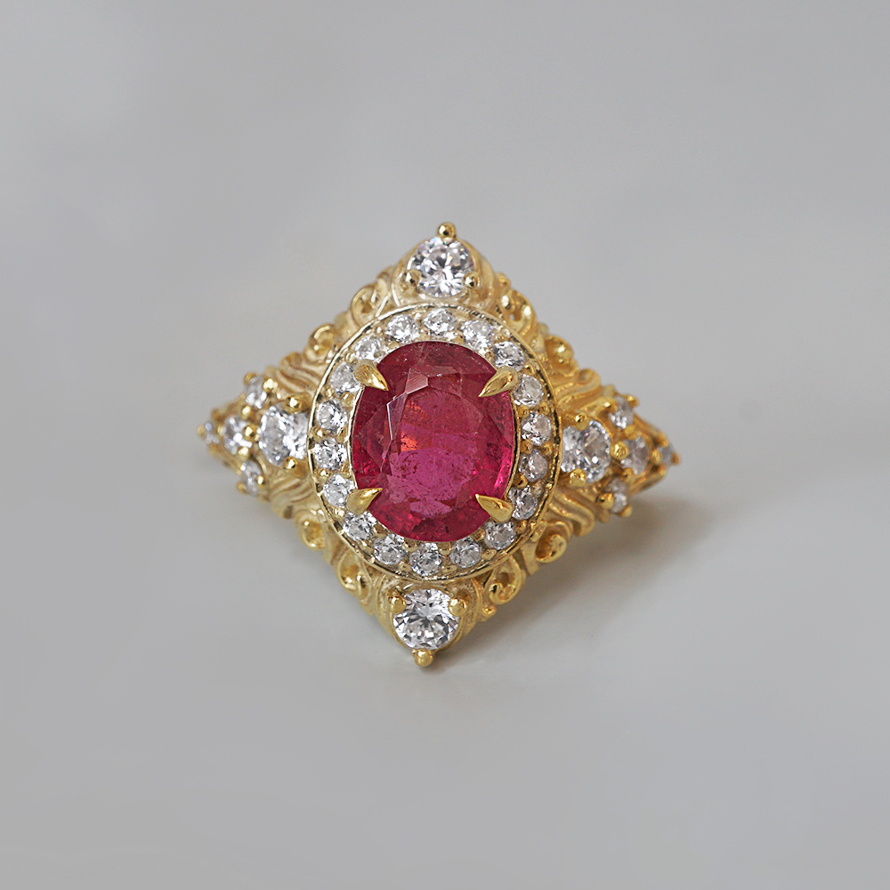Limited Edition: Oval Rubellite Rosalia Diamond Ring in 14K  display picture 2