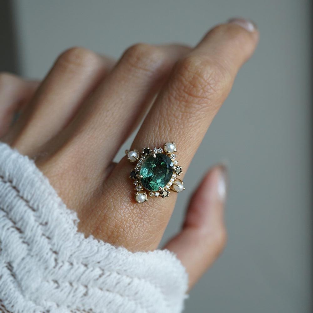 Limited Edition: Green Tourmaline Elsa Black & White Diamond Pearl Ring - Tippy Taste Jewelry