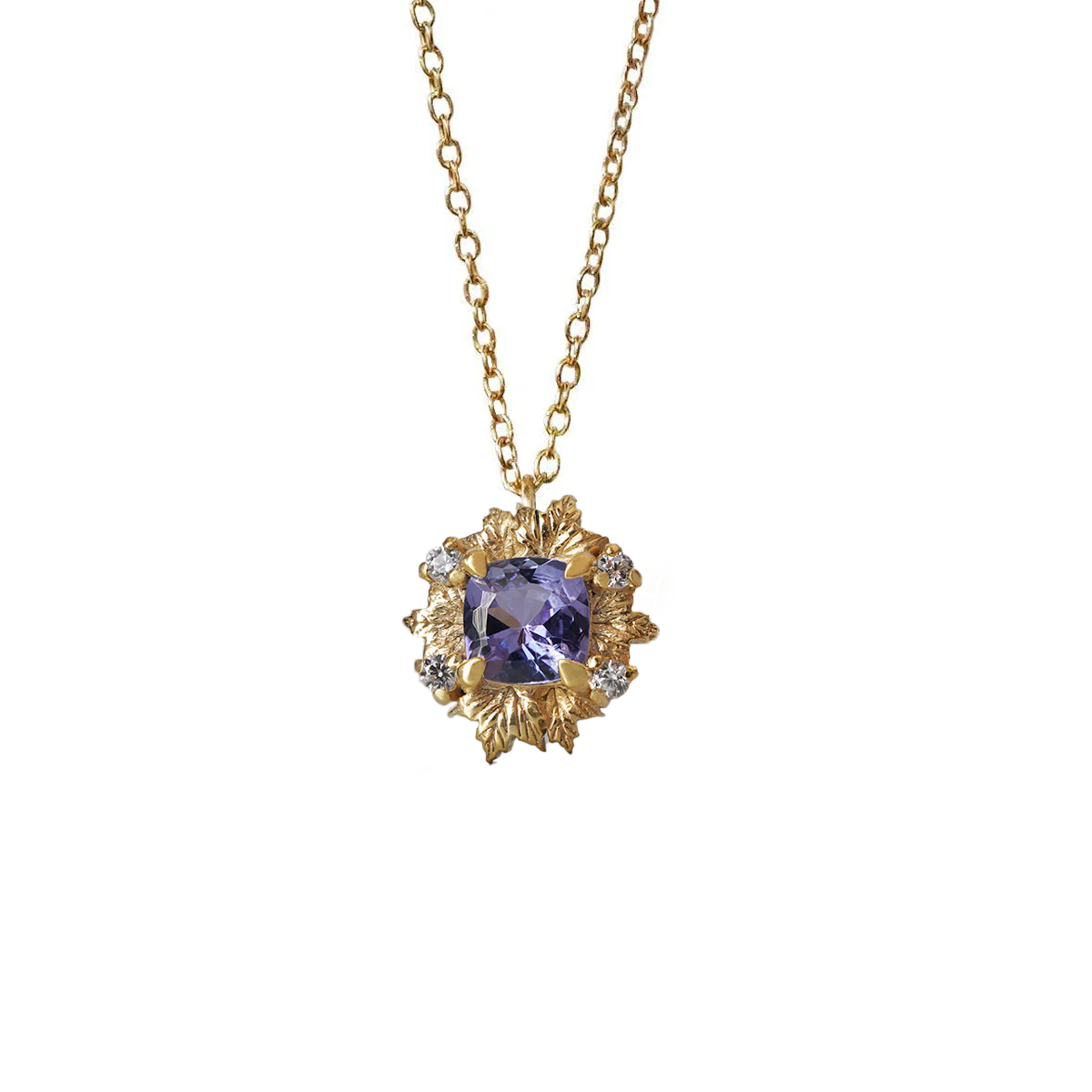 14K Gold Twilight Lullaby Necklace – Tanzanite & Diamond Leaf 
