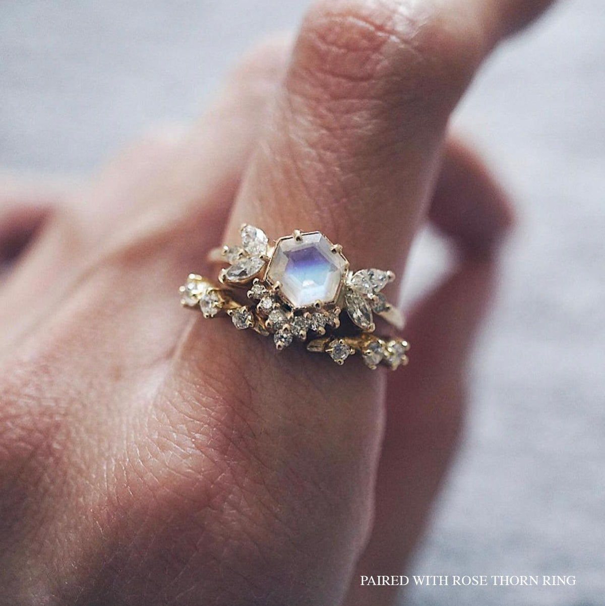 Hexagon Moonstone Butterfly Diamond Ring in 14K and 18K Gold - Tippy Taste Jewelry