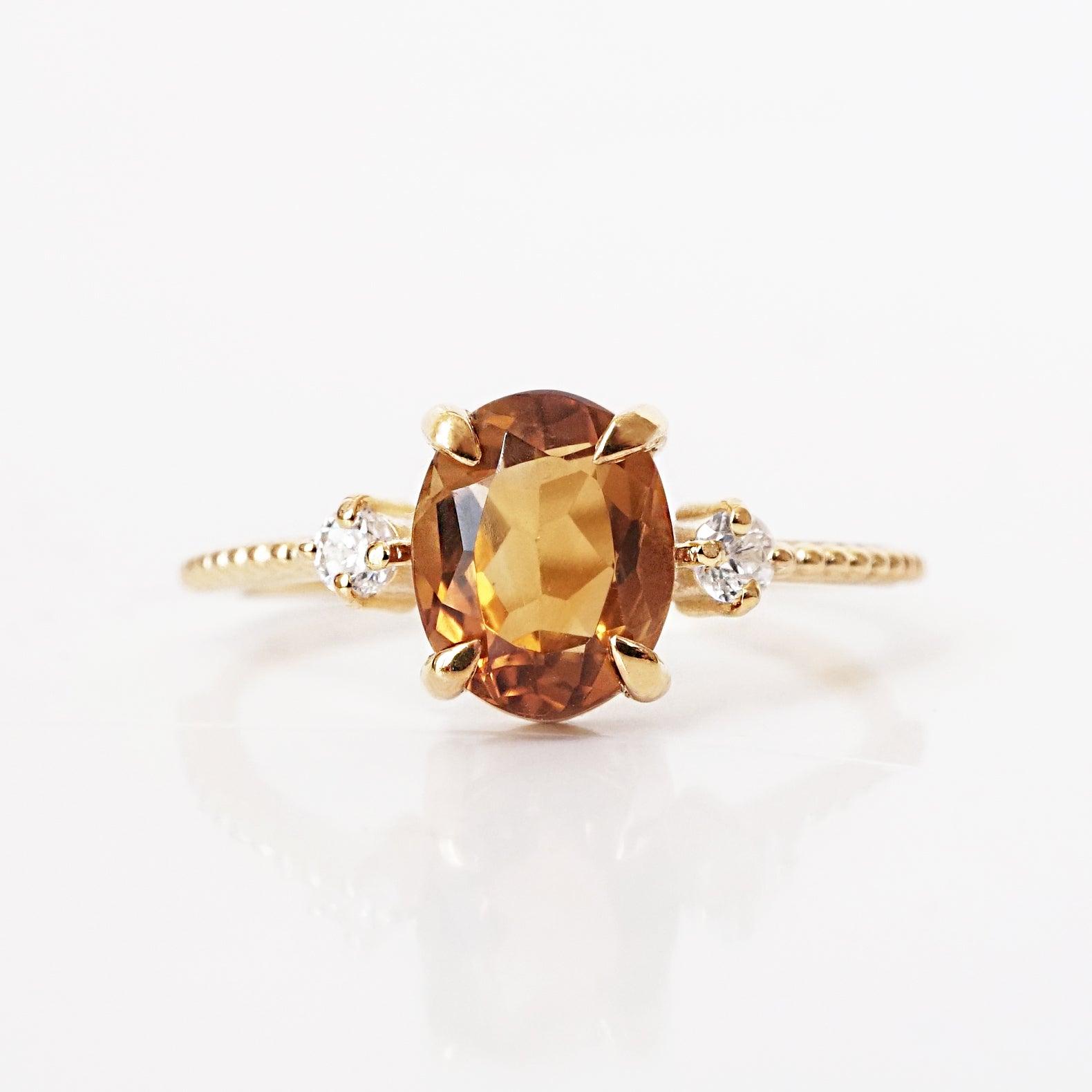 14K Gold Oval Citrine Sunrise Ring – Natural Citrine, Diamond