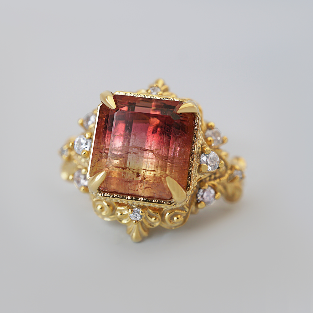 One Of A Kind: Afterglow Bicolor Tourmaline Diamond Ring in 14K and 18K Gold, 4.95ct
