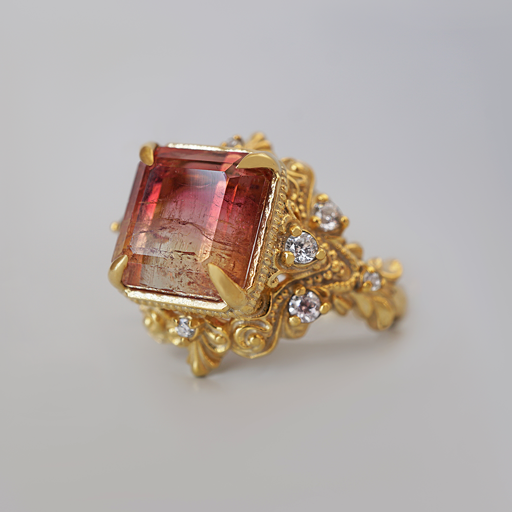 One Of A Kind: Afterglow Bicolor Tourmaline Diamond Ring in 14K and 18K Gold, 4.95ct