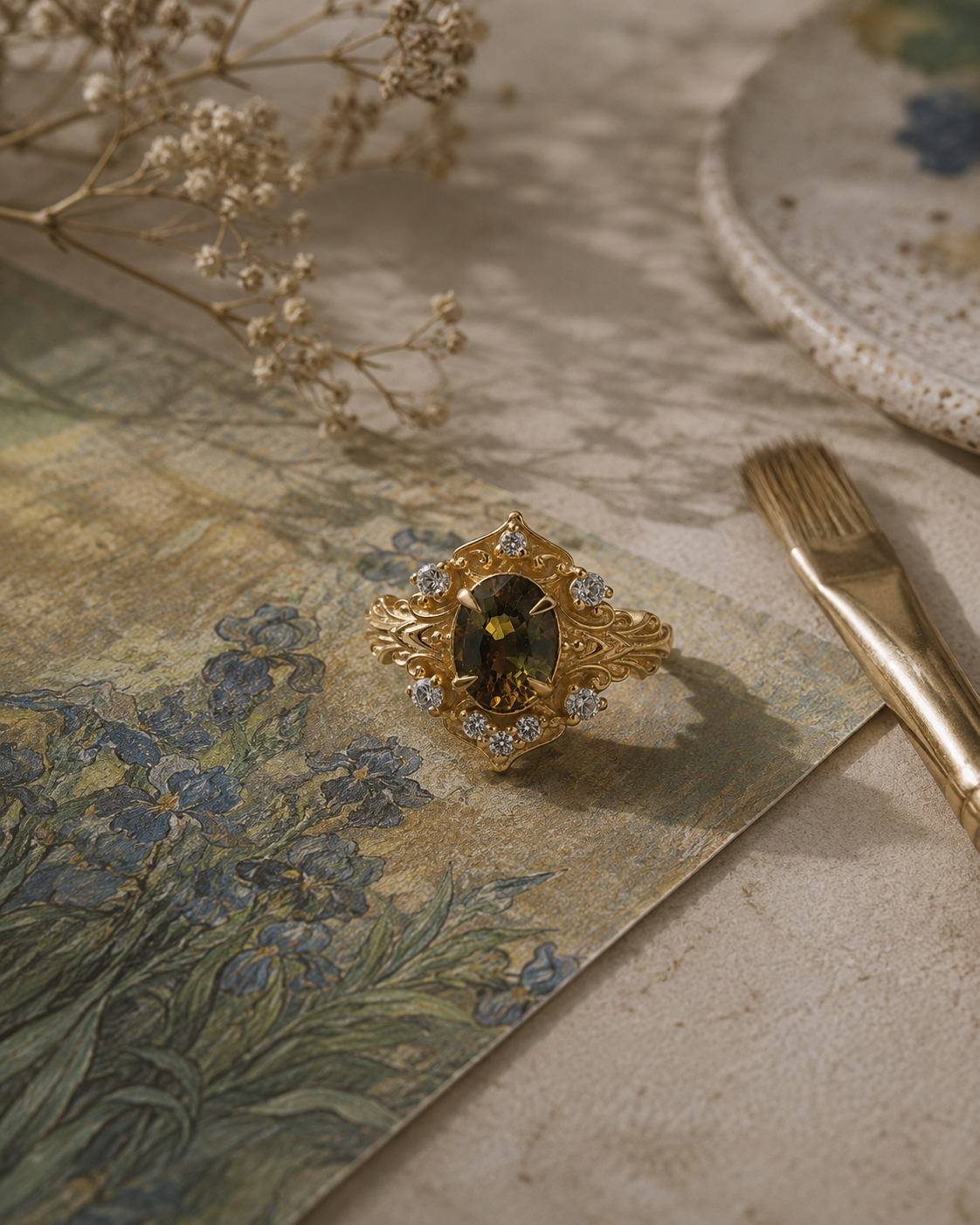 An ornate gold ring with a bicolor sapphire oval center stone and small diamonds, styled on a vintage floral print with dried flowers and a paintbrush.