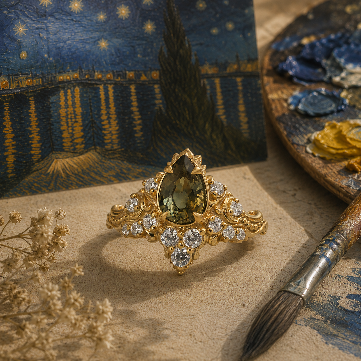 An ornate gold ring with a pear shape bicolor sapphire gemstone and clear accent diamonds, styled on a textured surface with a Van Gogh-style painting, a paint palette, and a paintbrush in the background.