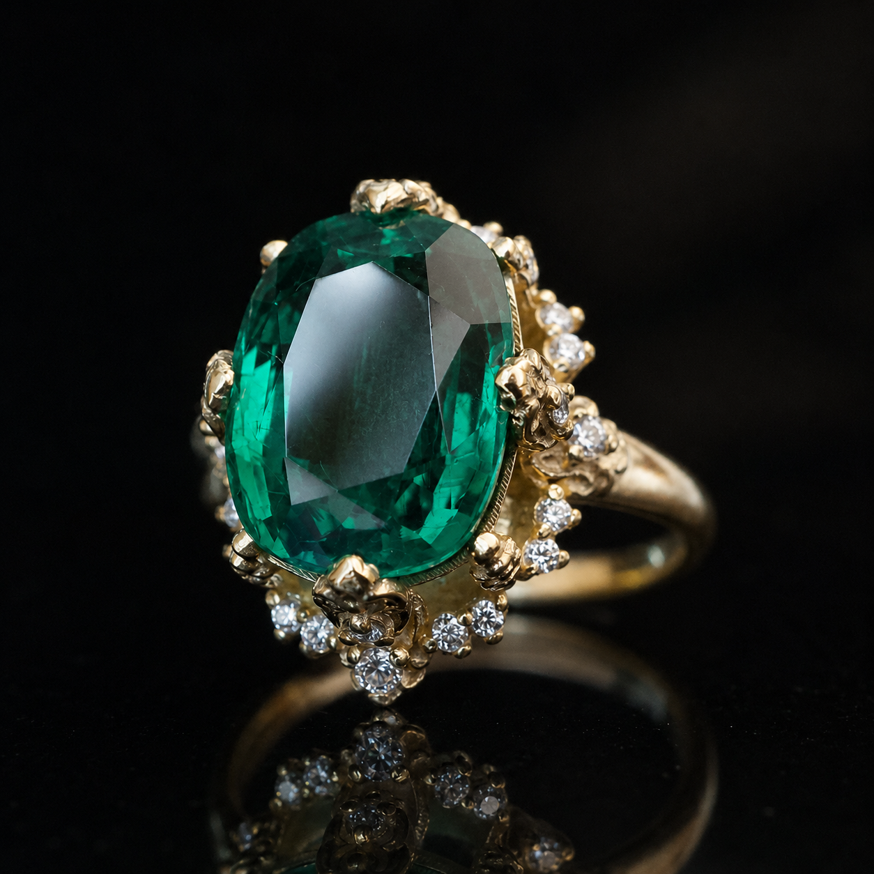 A yellow gold ring featuring a large oval-cut green emerald gemstone, surrounded by small clear accent stones in a floral halo setting, shown on a reflective black background.