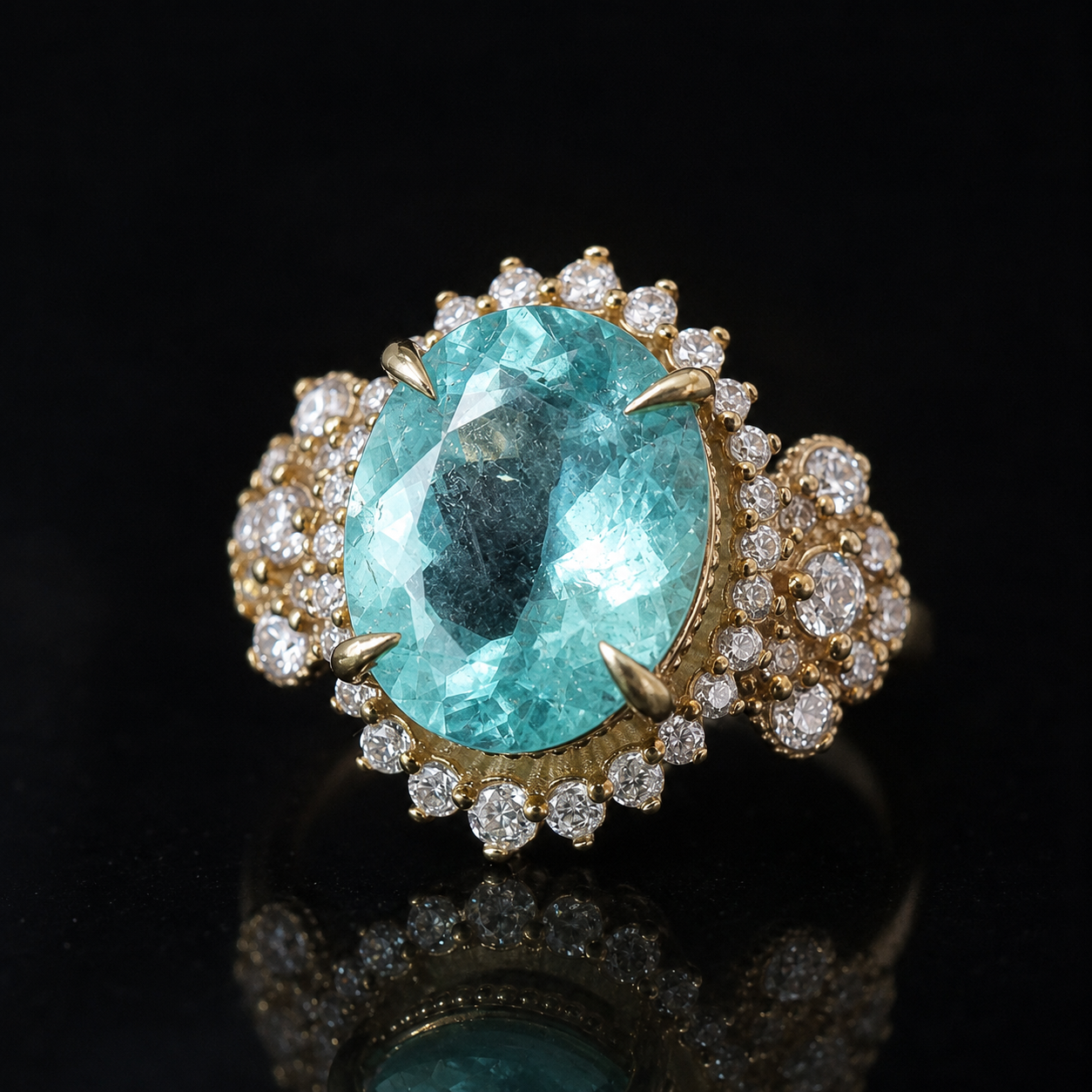 A yellow gold ring featuring a large oval-cut light paraiba tourmaline gemstone, surrounded by a halo of small clear round-cut diamonds, set against a solid black background with a soft reflection below.