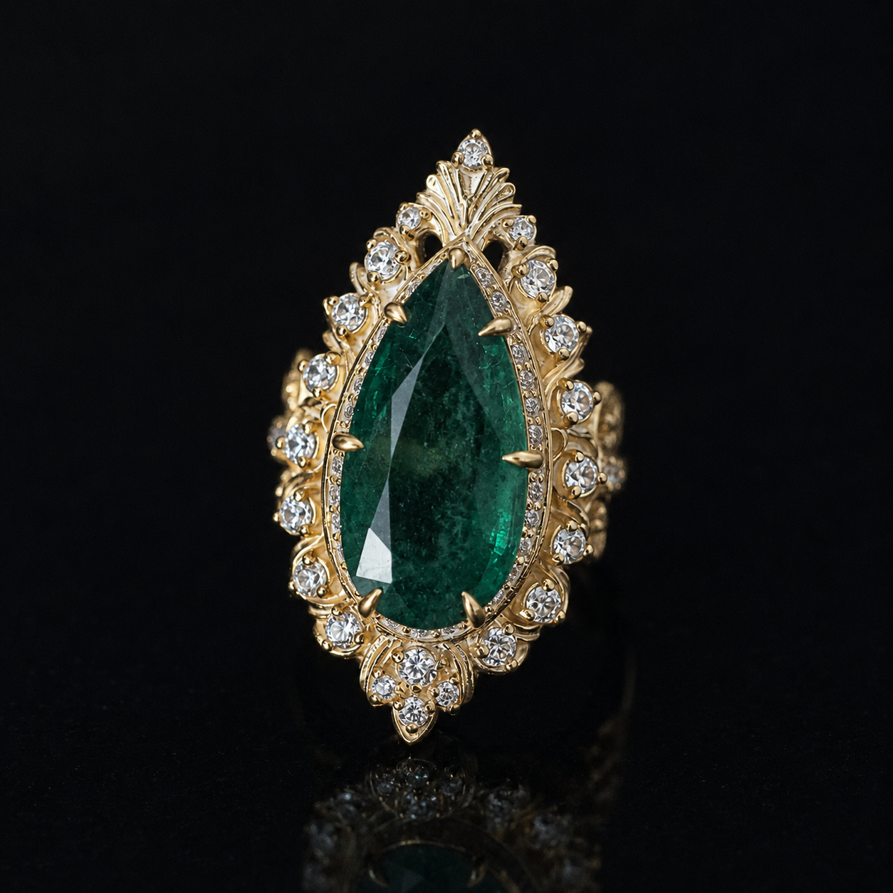 An ornate gold ring featuring a large teardrop-shaped green emerald gemstone surrounded by a halo of small clear stones, set against a solid black background.