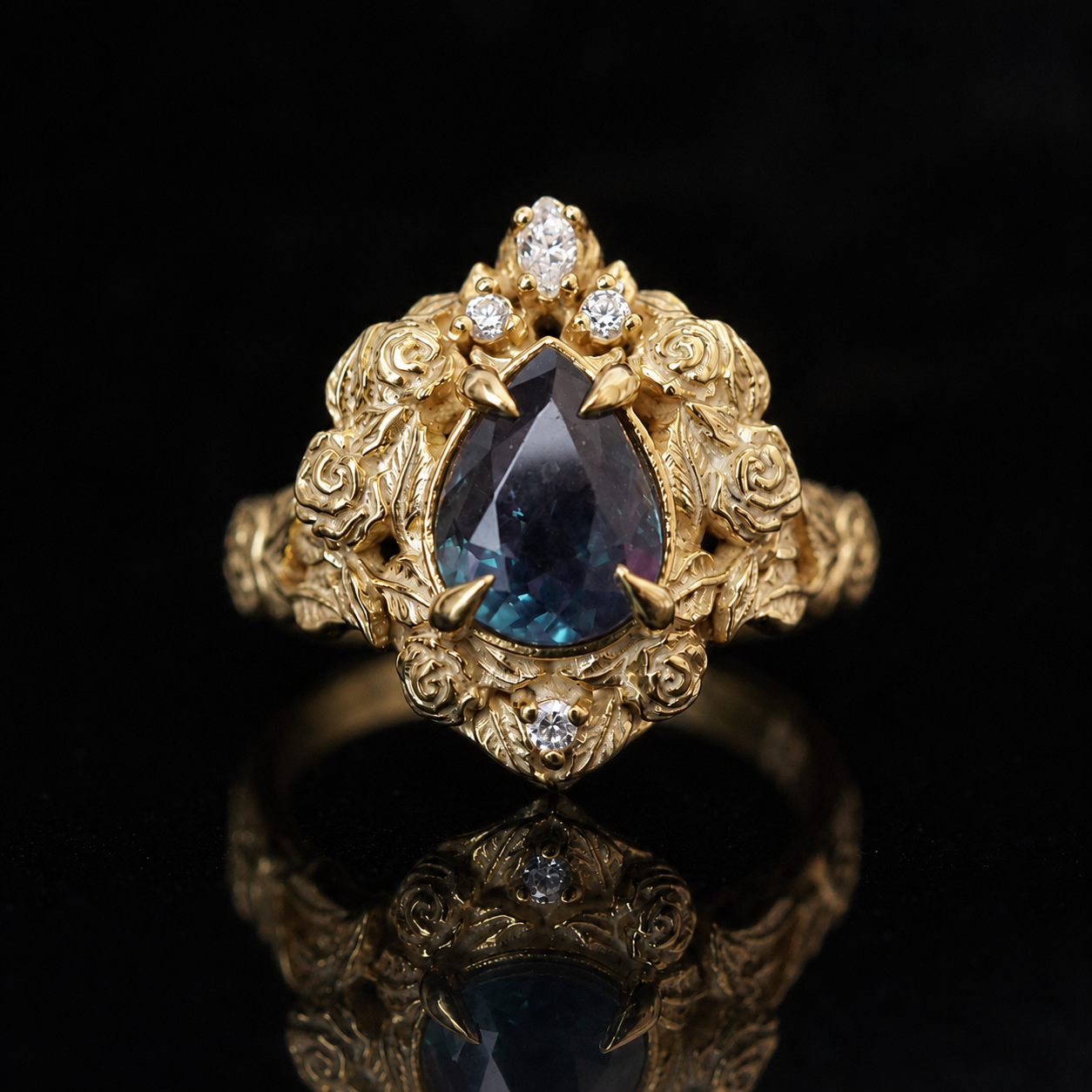 An ornate yellow gold ring featuring a large teardrop-shaped dark blue iridescent Alexandrite gemstone, surrounded by detailed floral carvings and small clear accent stones, set against a black background with a reflective surface.