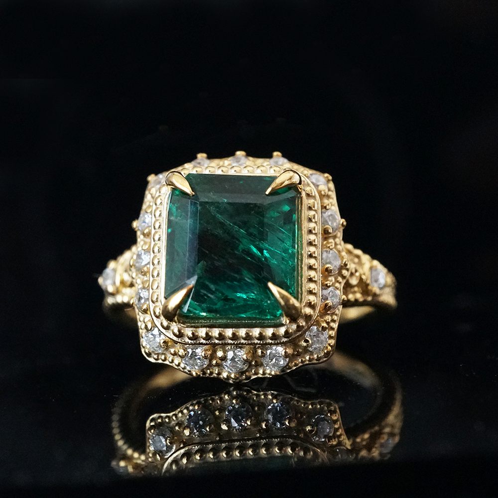 One Of A Kind: Victorian Emerald Diamond Ring in 14K and 18K Gold