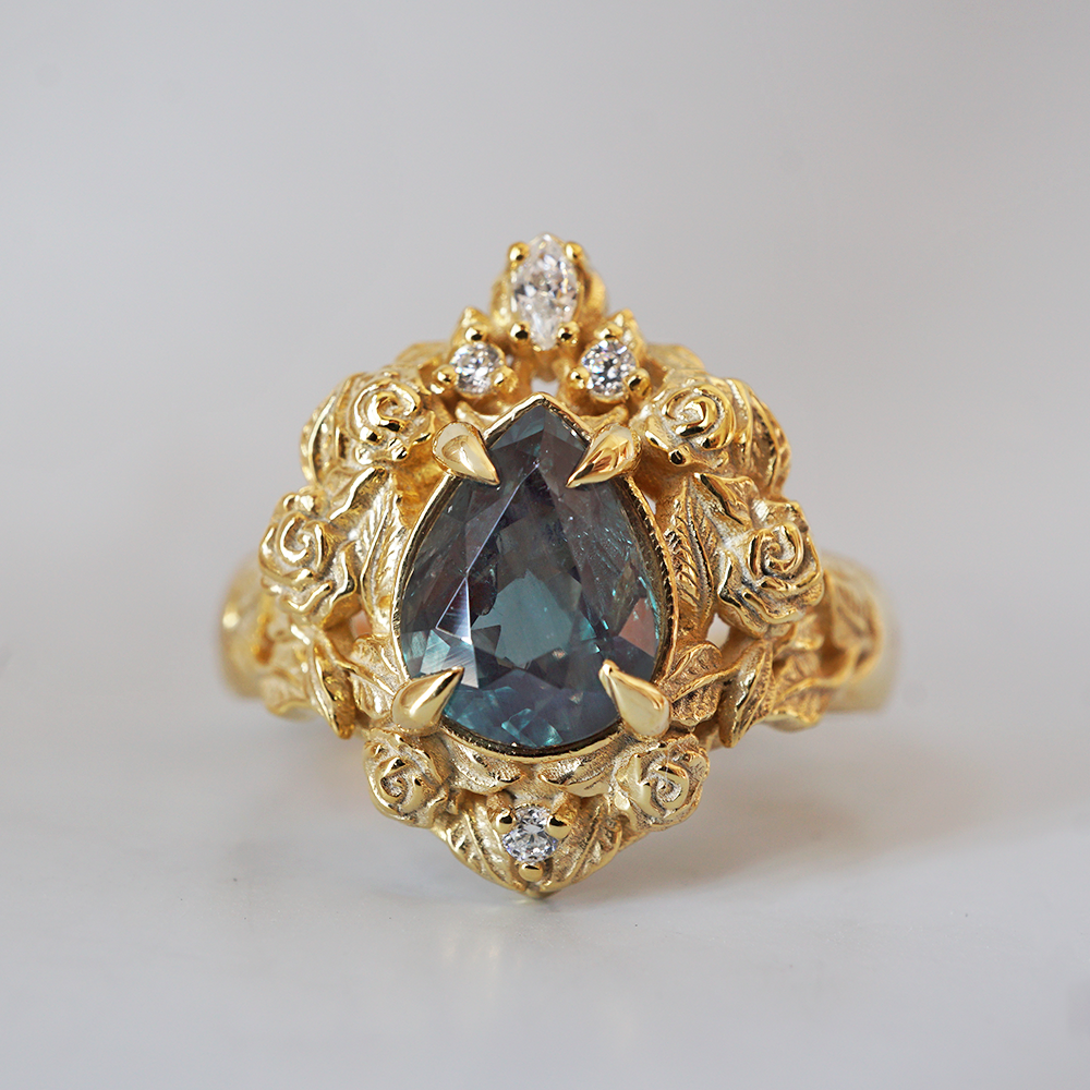 One Of A Kind: Pear Alexandrite Heart Rosy Diamond Ring in 14K and 18K Gold