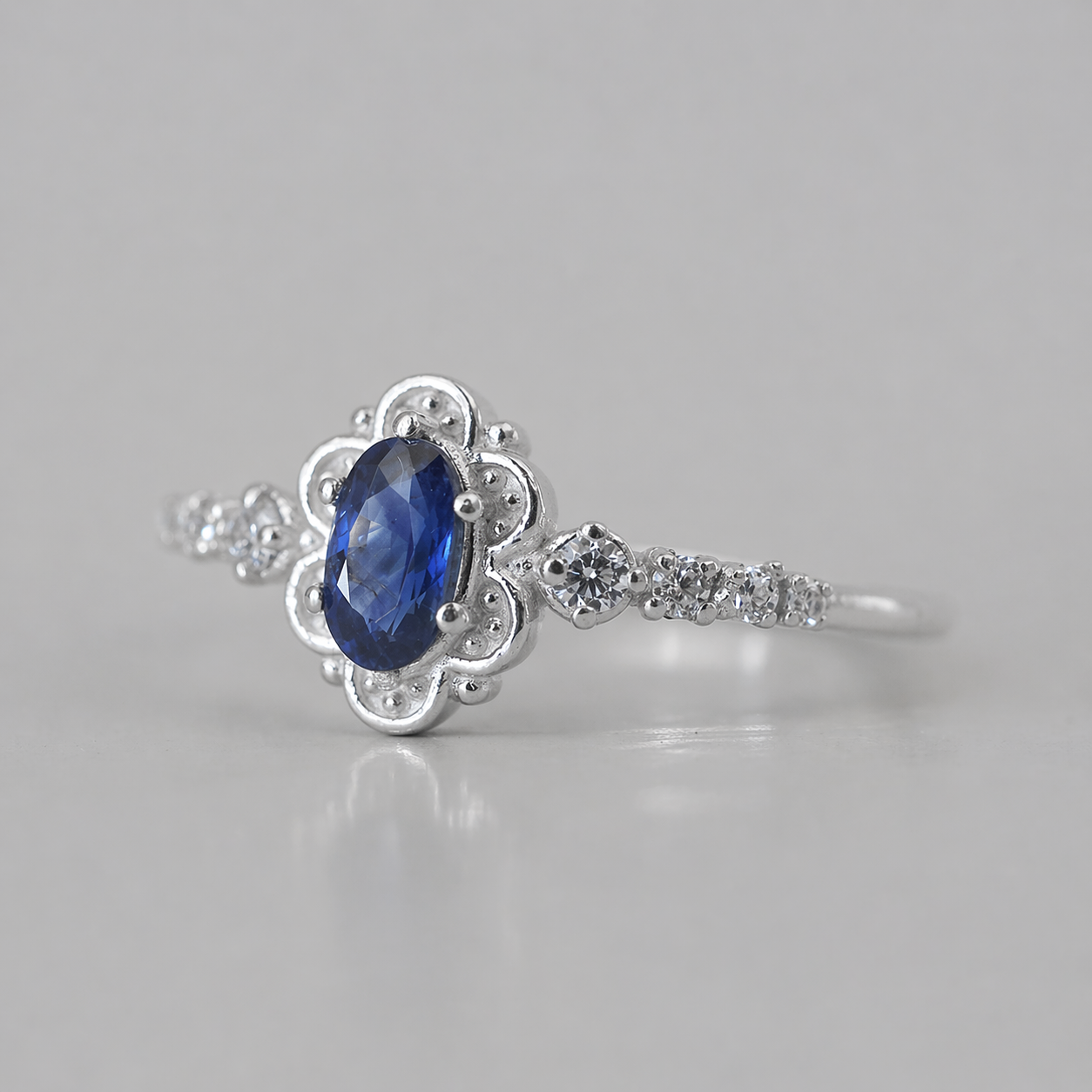 Oval Blue Sapphire Belle Ring in Sterling Silver