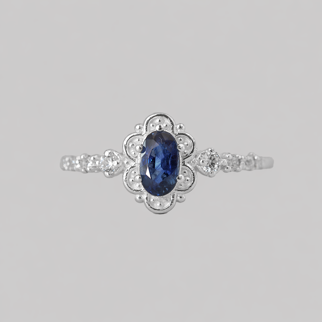 Oval Blue Sapphire Belle Ring in Sterling Silver