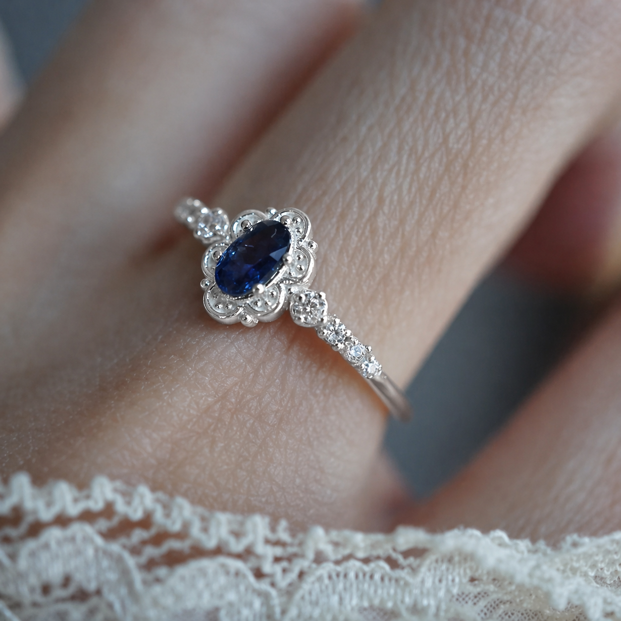 Oval Blue Sapphire Belle Ring in Sterling Silver