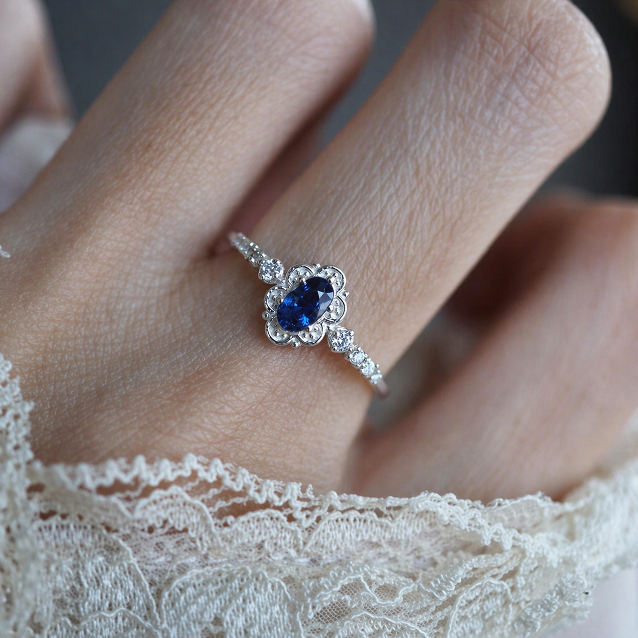 Oval Blue Sapphire Belle Ring in Sterling Silver