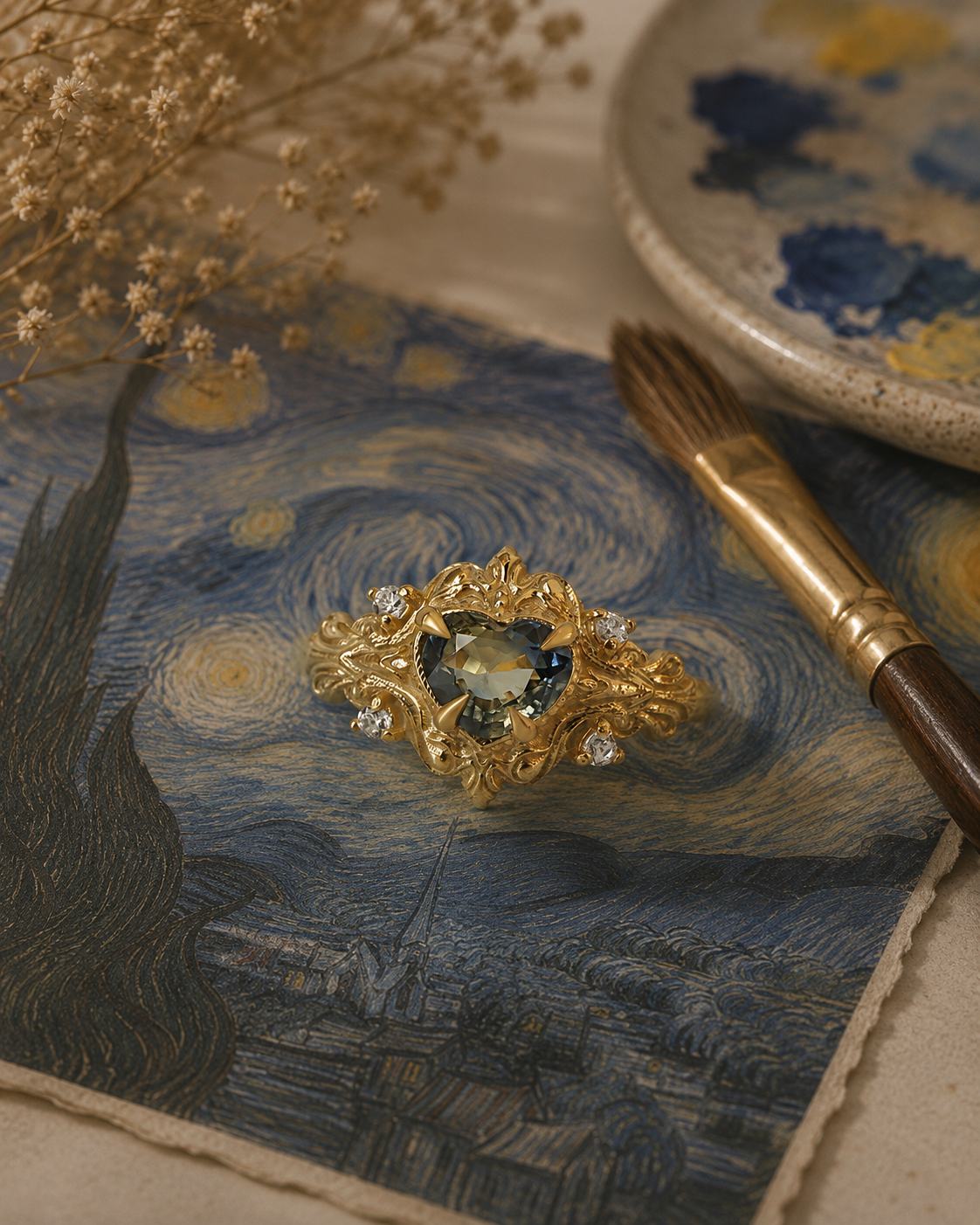 A gold ring with a central heart shape bicolor gemstone and small clear accent diamonds, styled on a Van Gogh-style print with a paintbrush and dried flowers.