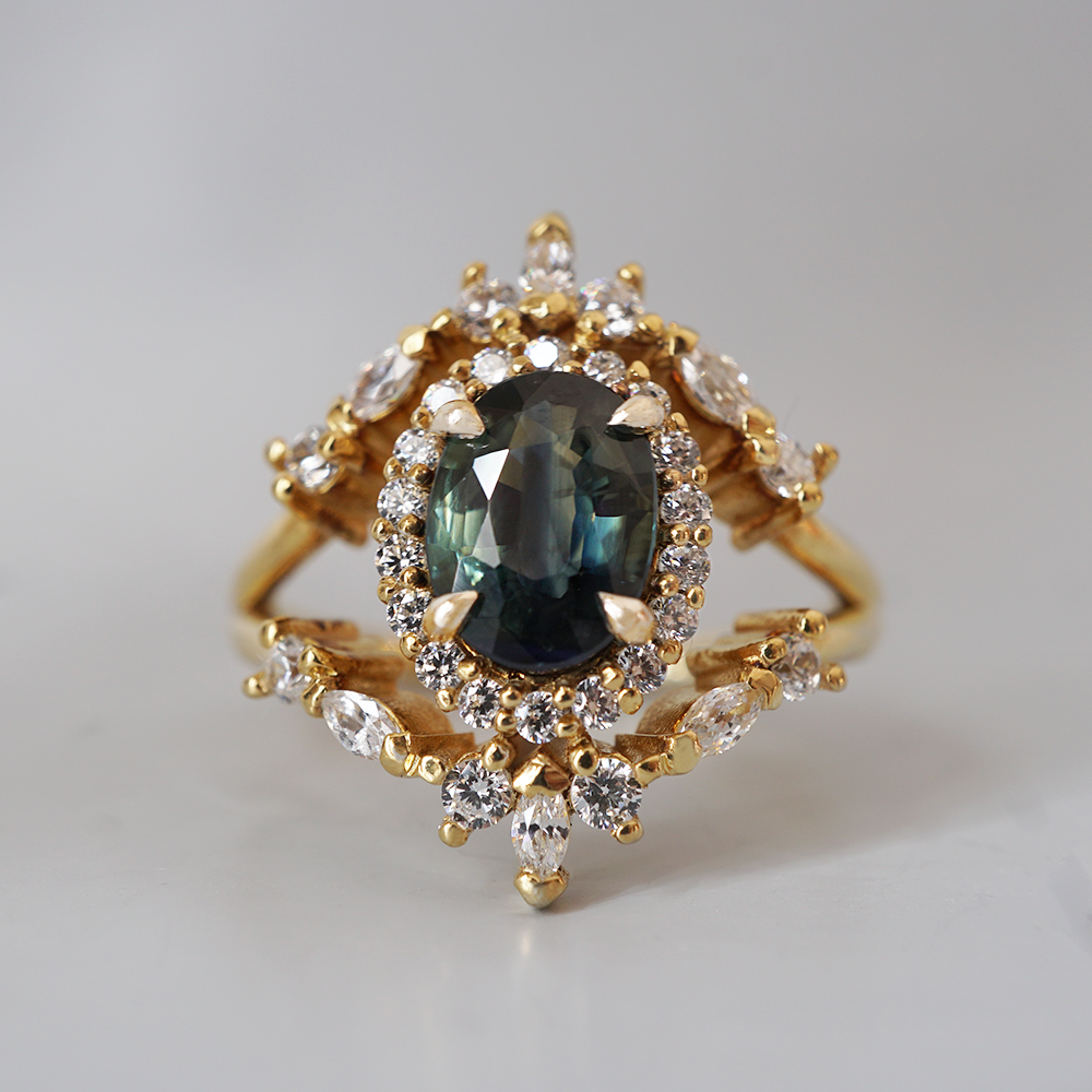 One Of A Kind: Teal Sapphire Ocean Diamond Ring in 14K and 18K Gold