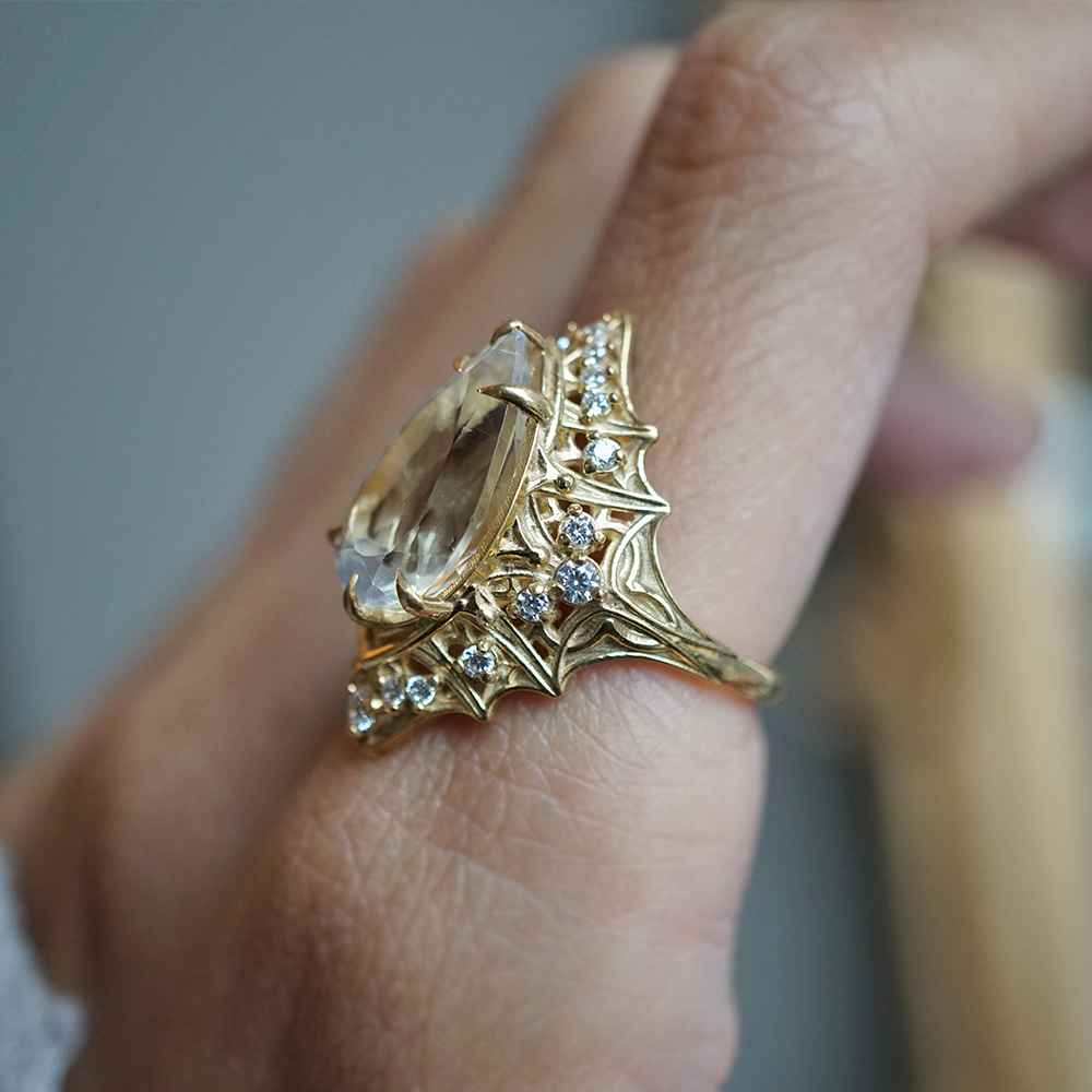 One Of A Kind: Cathedral Of Light Moonstone Diamond Ring in 14K and 18K Gold