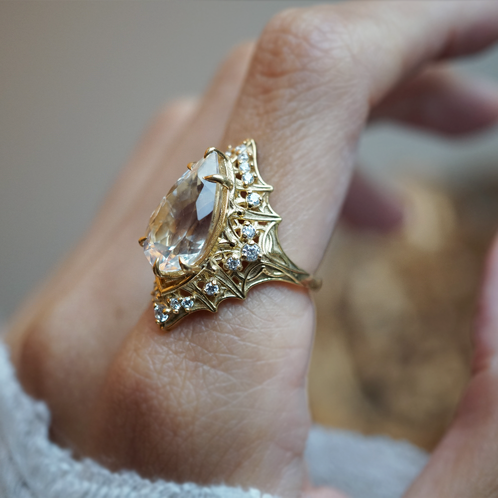 One Of A Kind: Cathedral Of Light Moonstone Diamond Ring in 14K and 18K Gold