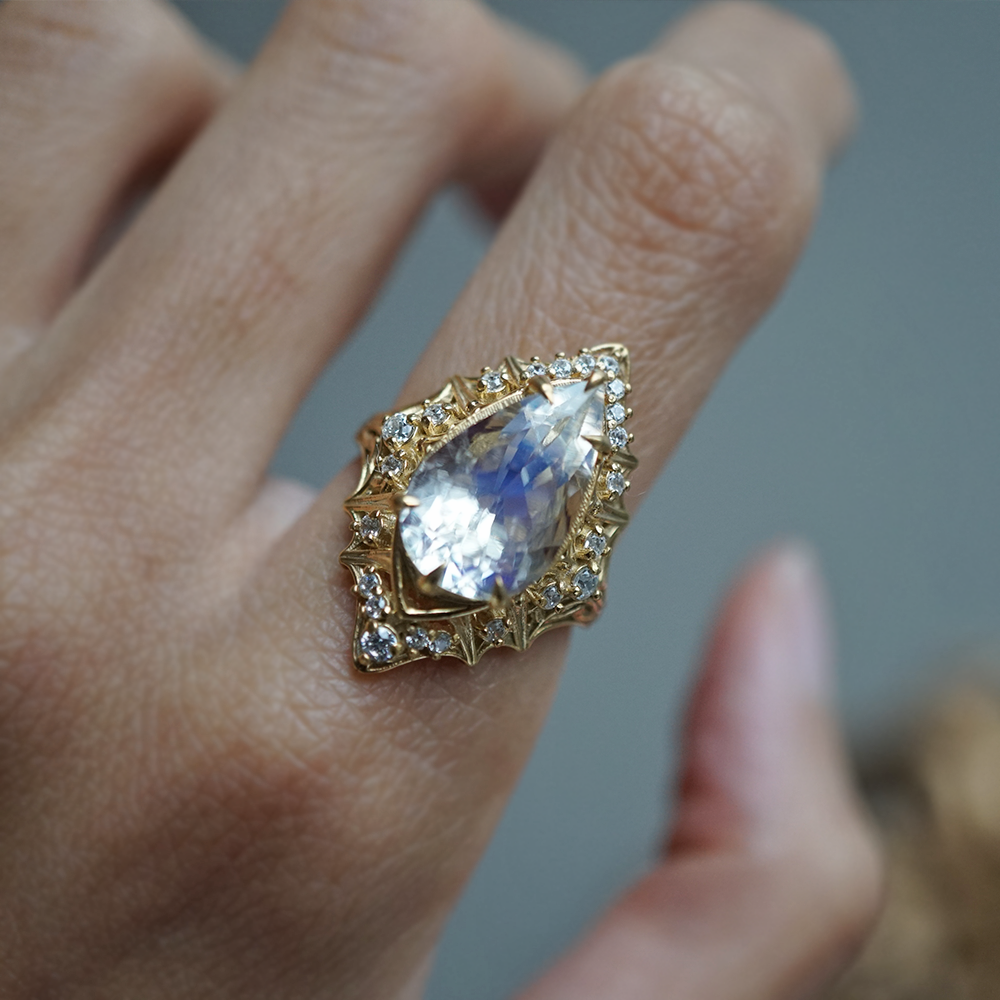 One Of A Kind: Cathedral Of Light Moonstone Diamond Ring in 14K and 18K Gold