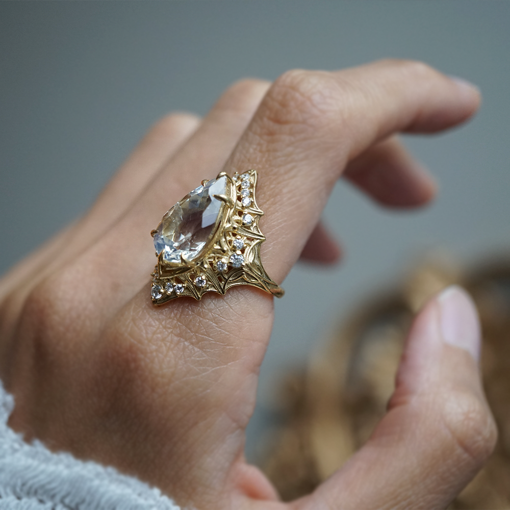 One Of A Kind: Cathedral Of Light Moonstone Diamond Ring in 14K and 18K Gold