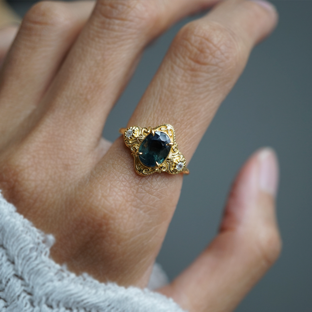 Limited Edition: Teal Sapphire Celestielle Diamond Ring in 14K and 18K Gold