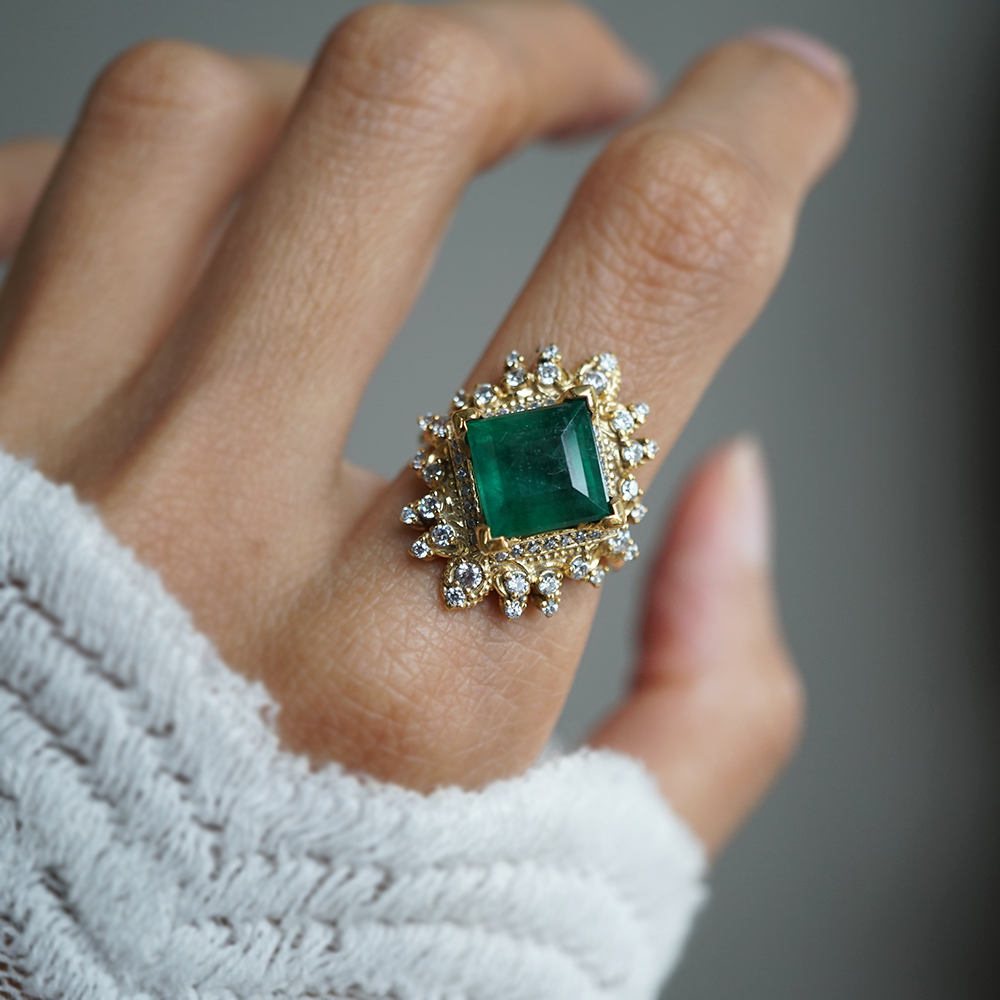 One Of A Kind: Crown Of Eos Emerald Diamond Ring in 14K and 18K Gold