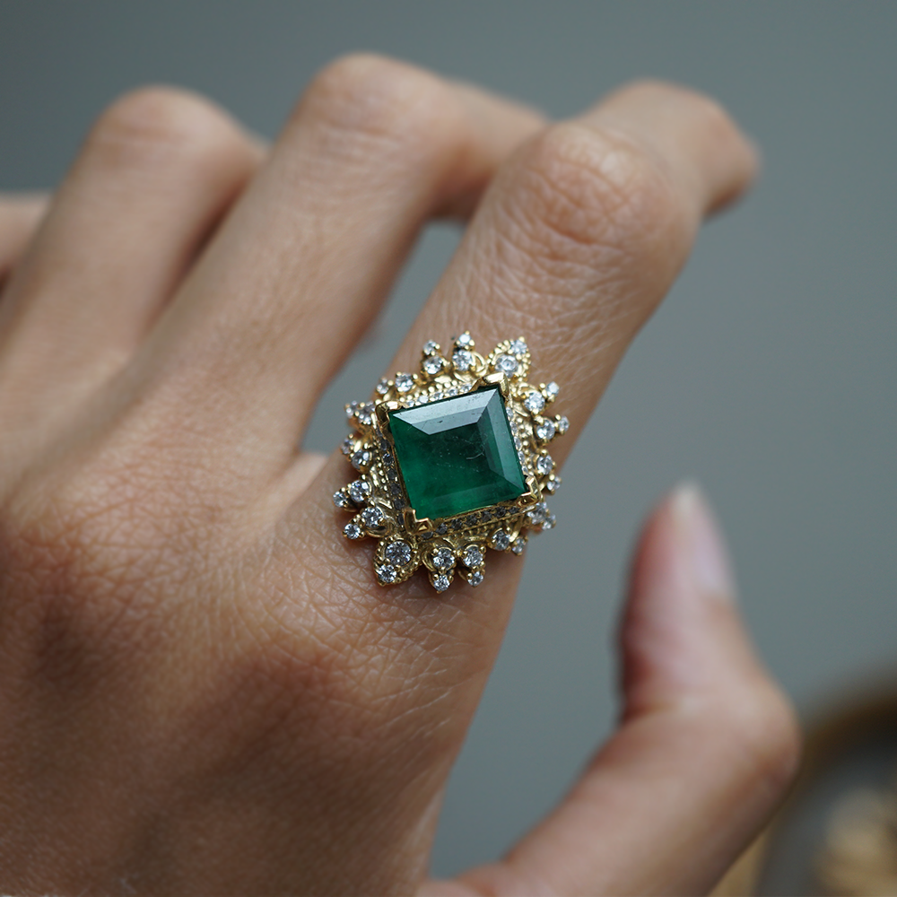 One Of A Kind: Crown Of Eos Emerald Diamond Ring in 14K and 18K Gold
