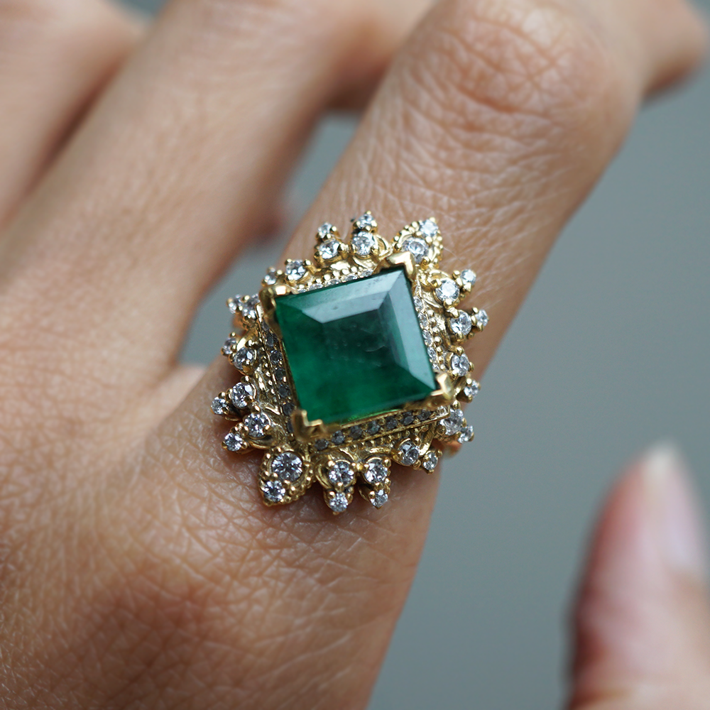 One Of A Kind: Crown Of Eos Emerald Diamond Ring in 14K and 18K Gold
