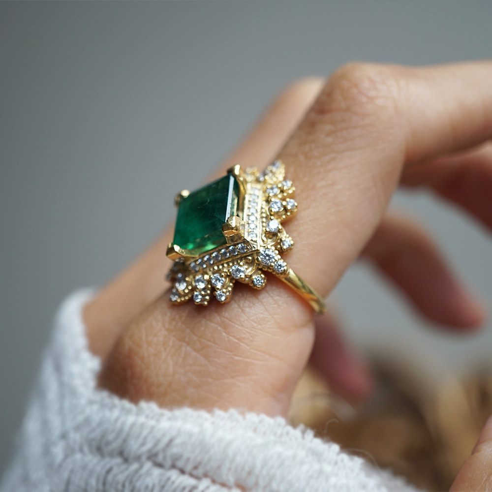 One Of A Kind: Crown Of Eos Emerald Diamond Ring in 14K and 18K Gold