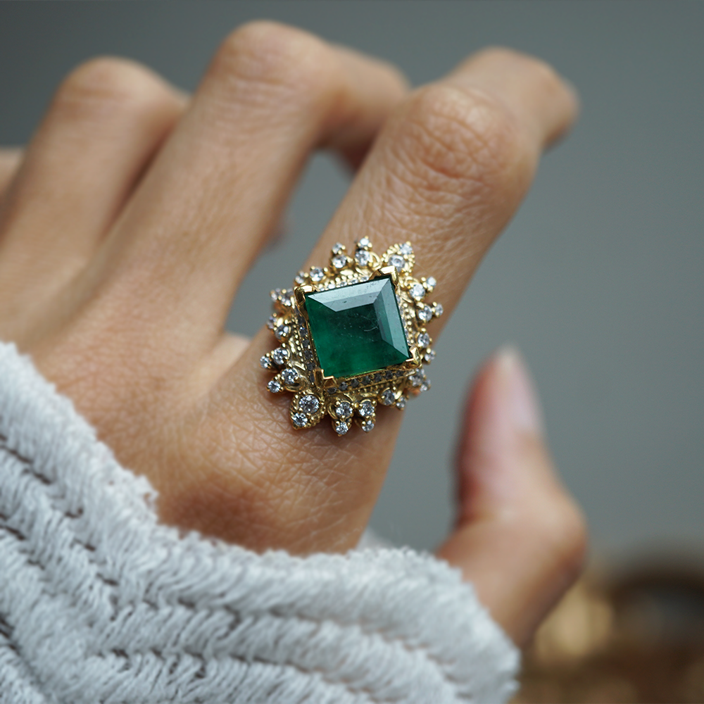 One Of A Kind: Crown Of Eos Emerald Diamond Ring in 14K and 18K Gold