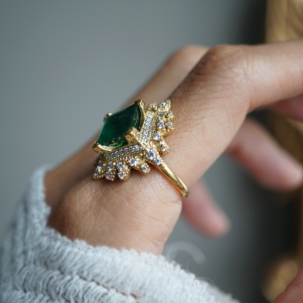 One Of A Kind: Crown Of Eos Emerald Diamond Ring in 14K and 18K Gold