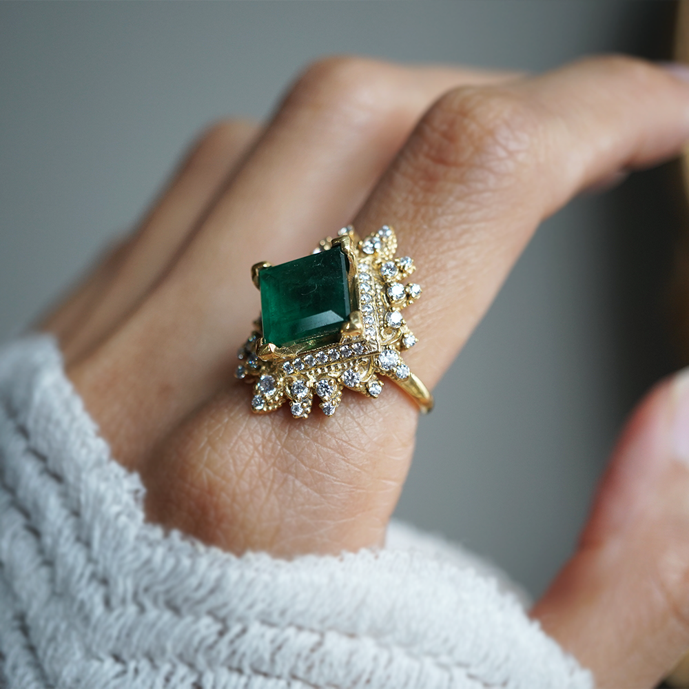 One Of A Kind: Crown Of Eos Emerald Diamond Ring in 14K and 18K Gold