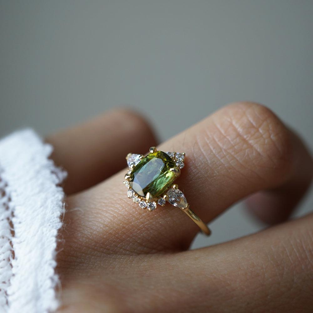 One Of A Kind: Dreamy Bi-Color Green Tourmaline Diamond Ring in 14K and 18K Gold
