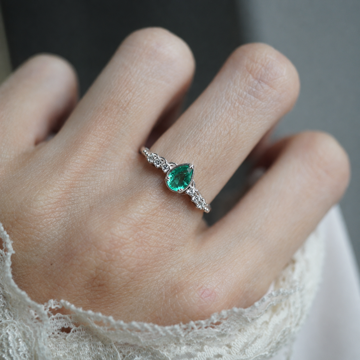 Pear Emerald Drop Ring in Sterling Silver