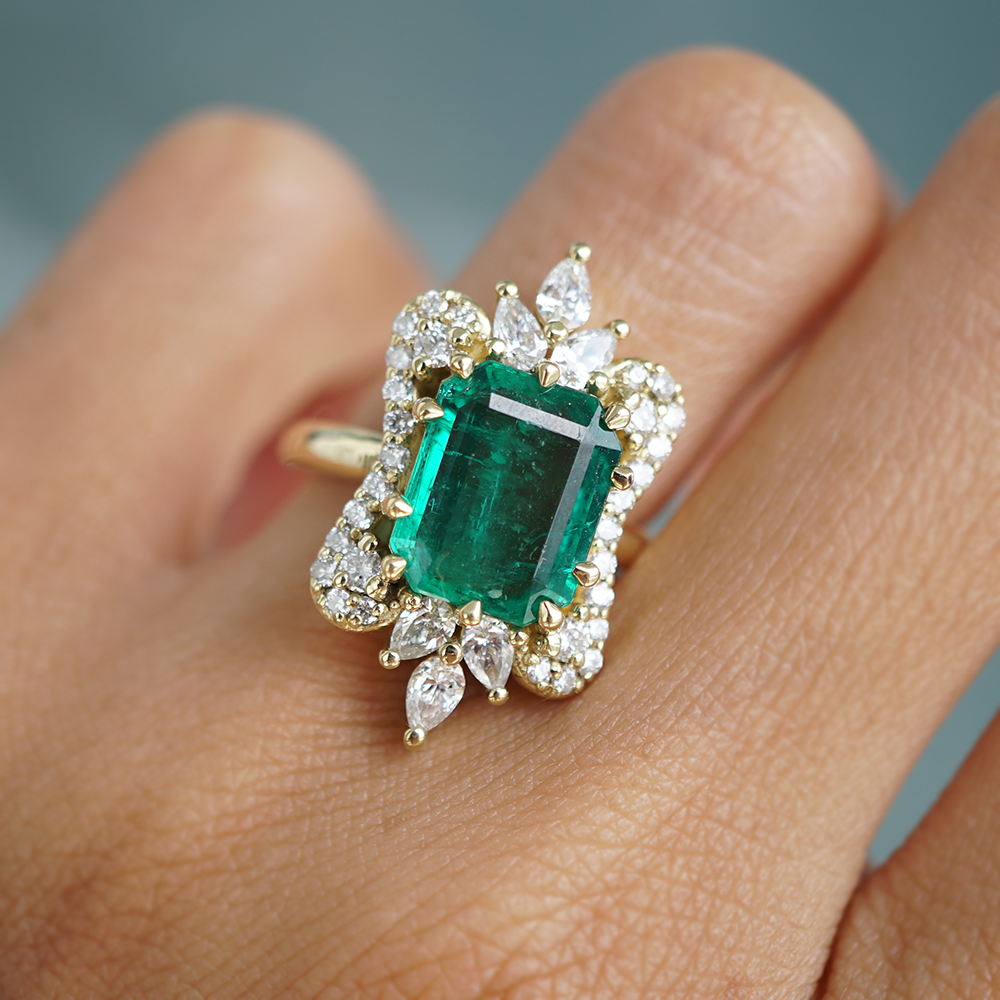 One Of A Kind: Eleanor Emerald Diamond Ring in 14K, 18K Gold and Platinum, 3.19ct