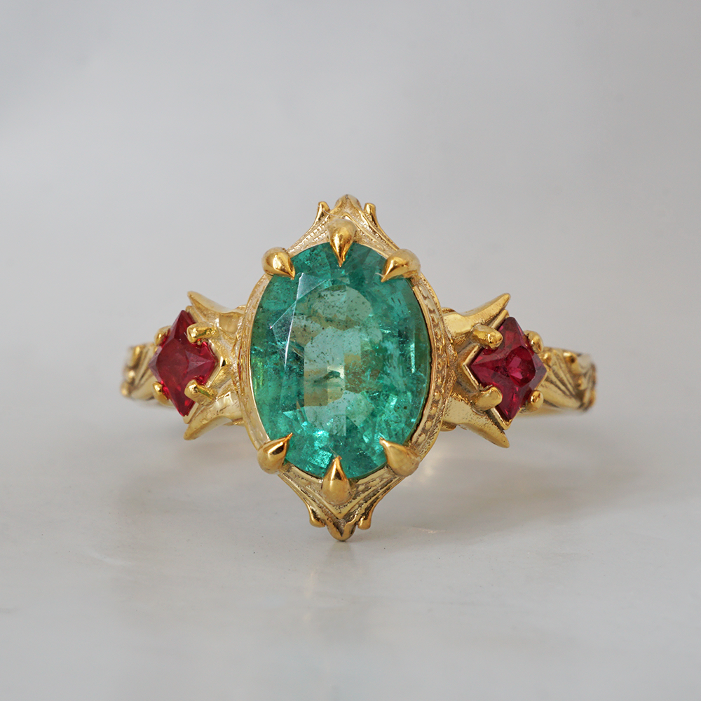 Emerald & Sapphire Gardenia Diamond Ring in 14K and 18K Gold