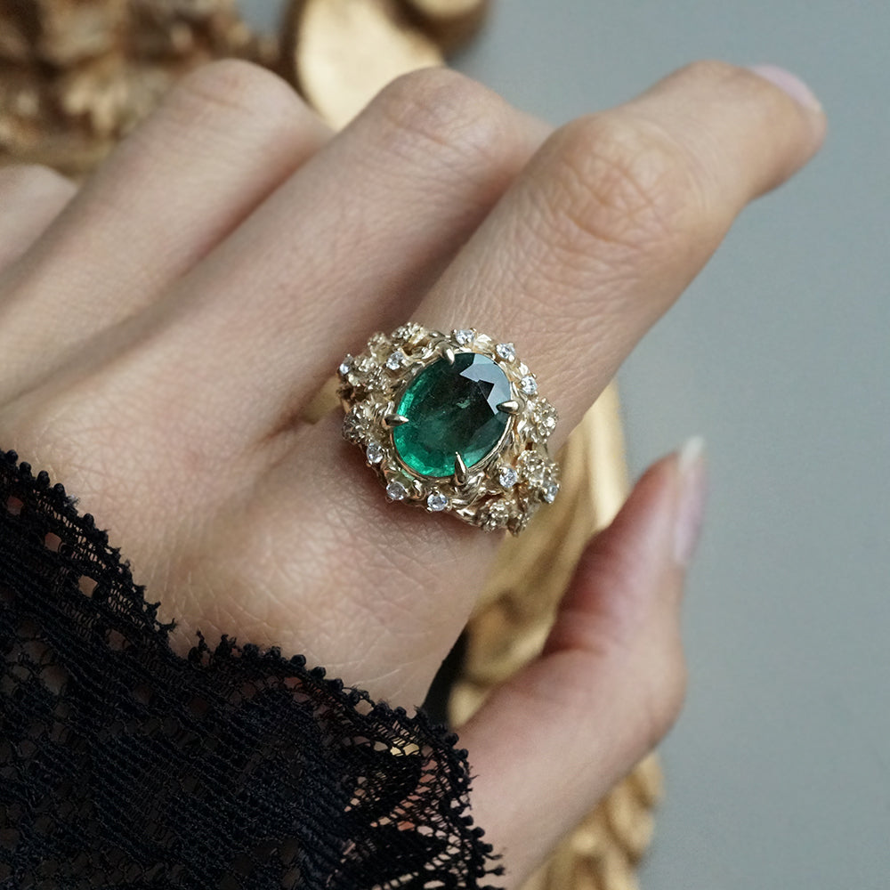 Oval Emerald Tulip Diamond Ring in 14K and 18K Gold