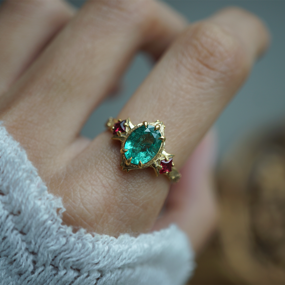 Emerald & Sapphire Gardenia Diamond Ring in 14K and 18K Gold