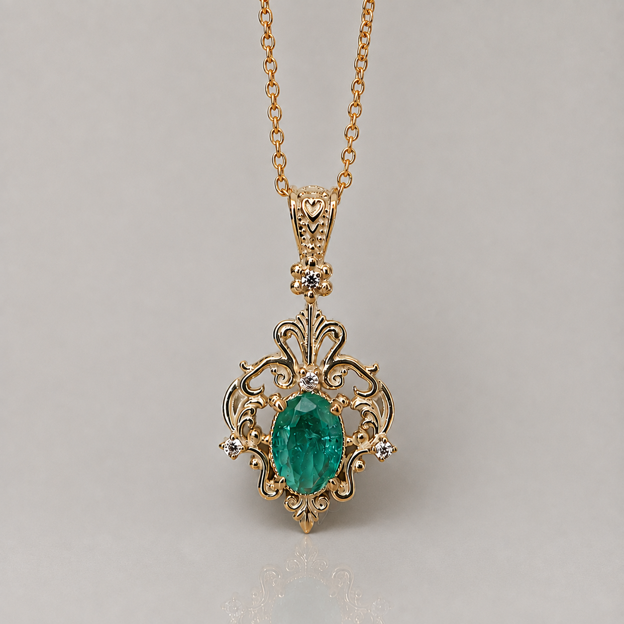 A gold pendant necklace featuring an oval green emerald gemstone in an ornate filigree setting, accented with small clear stones, shown against a neutral light gray background.
