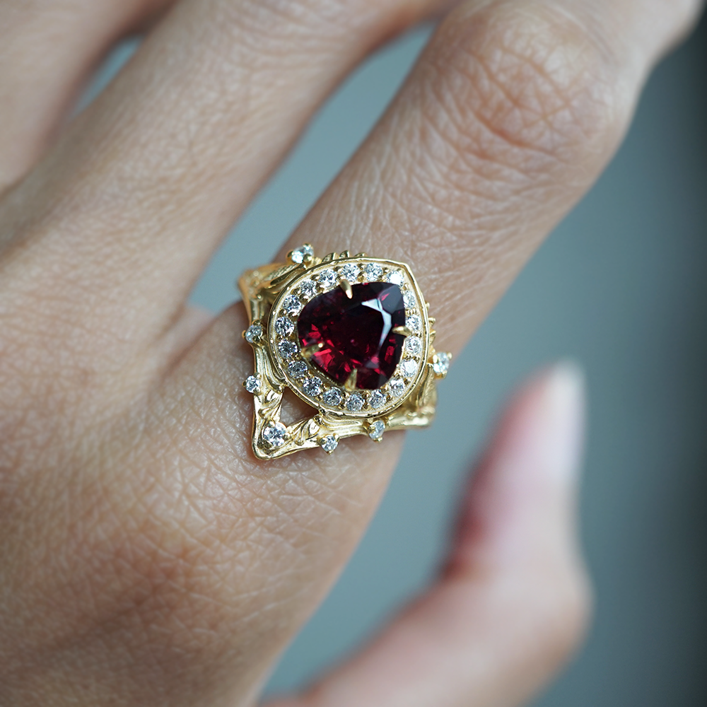 Trillion Garnet Flame Diamond Ring in 14K and 18K Gold