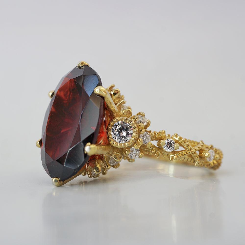Oval Garnet Queen Victoria Diamond Ring in 14K and 18K Gold