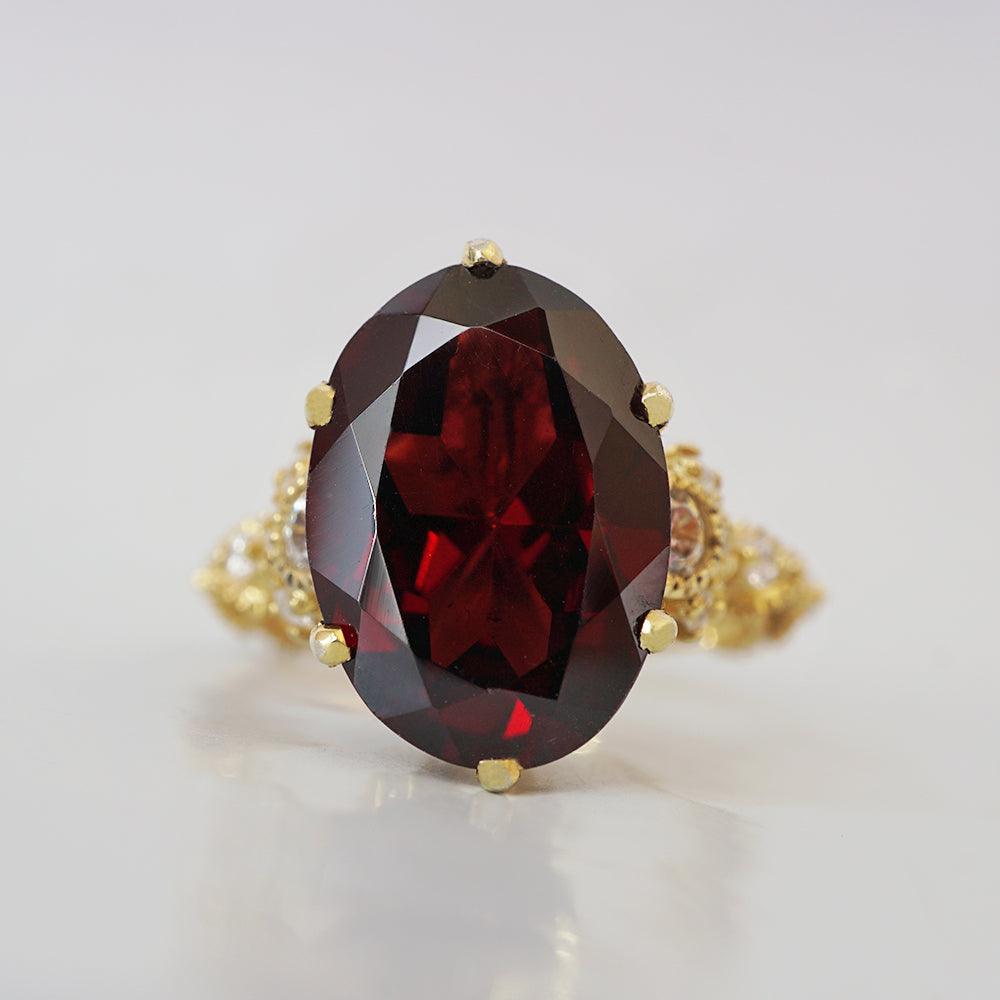 Oval Garnet Queen Victoria Diamond Ring in 14K and 18K Gold
