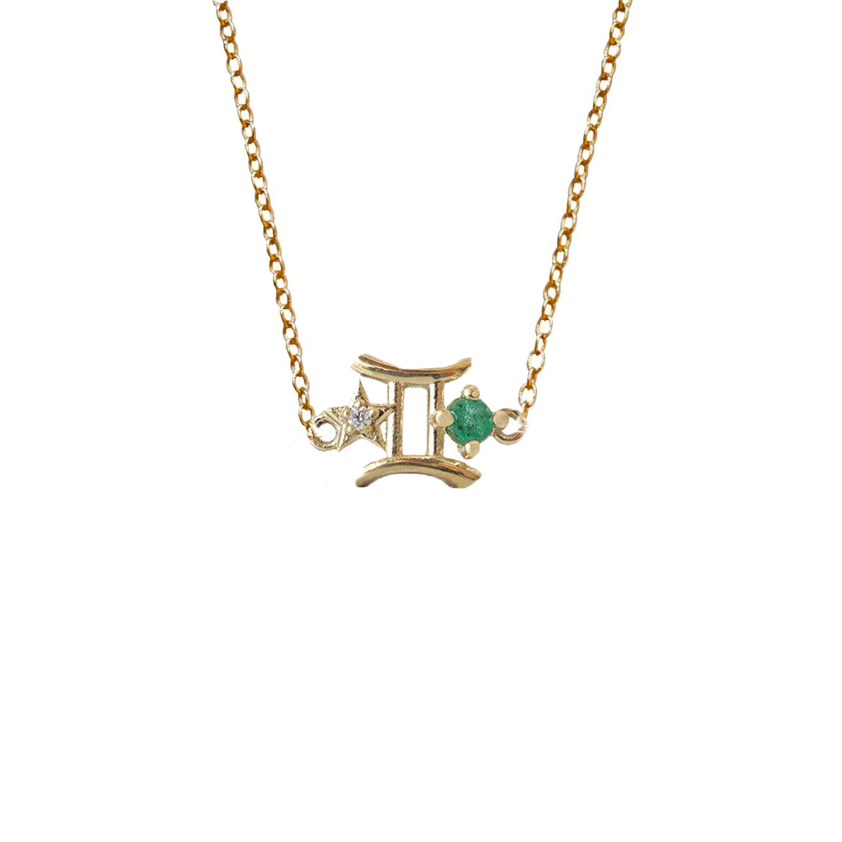 14K Gemini Horoscope Birthstone Necklace (Pearl + Emerald)