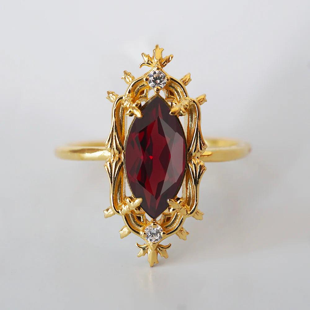 Gothic Marquise Garnet Ring in 14K and 18K Gold